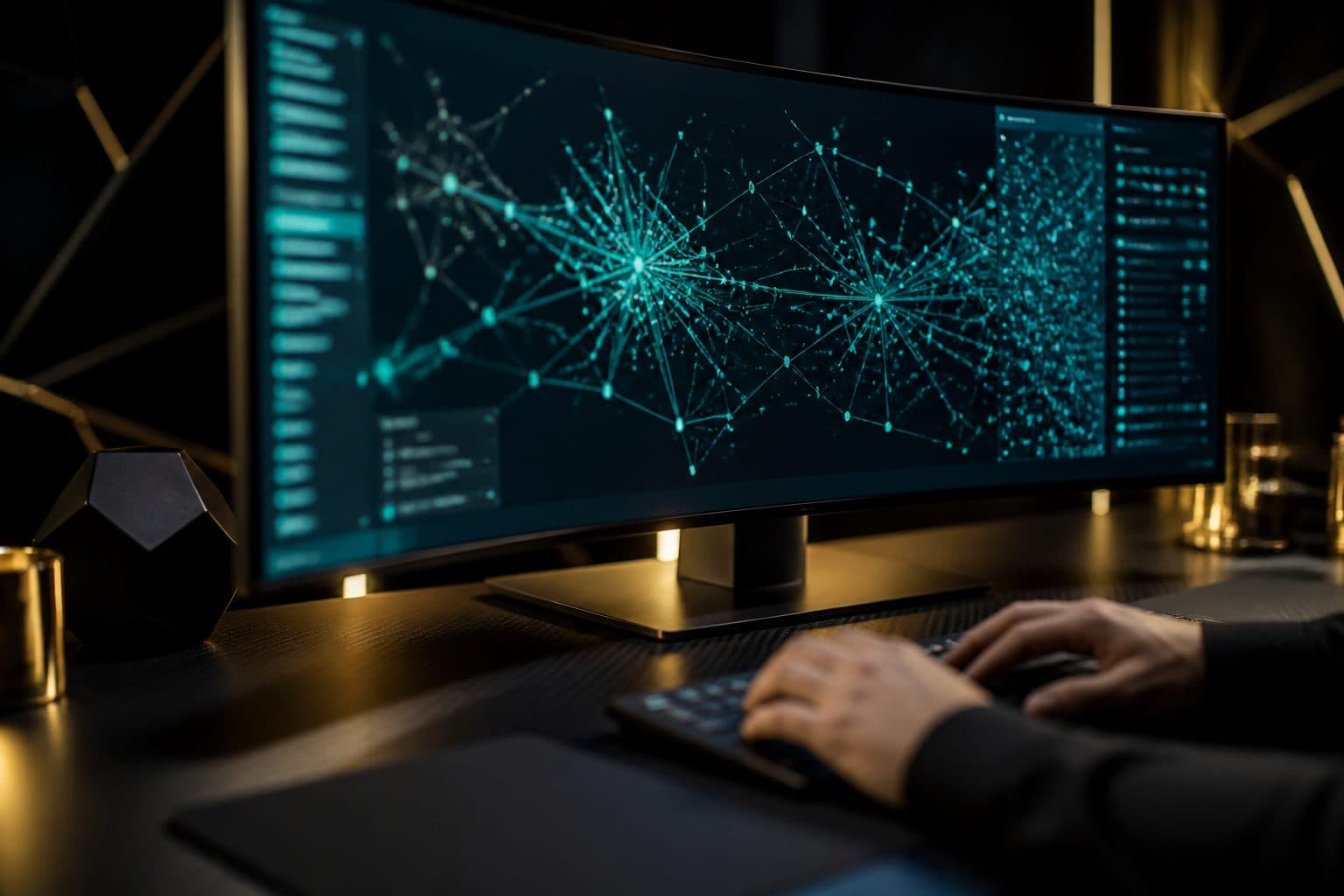 Dark workstation displaying linked analytic data