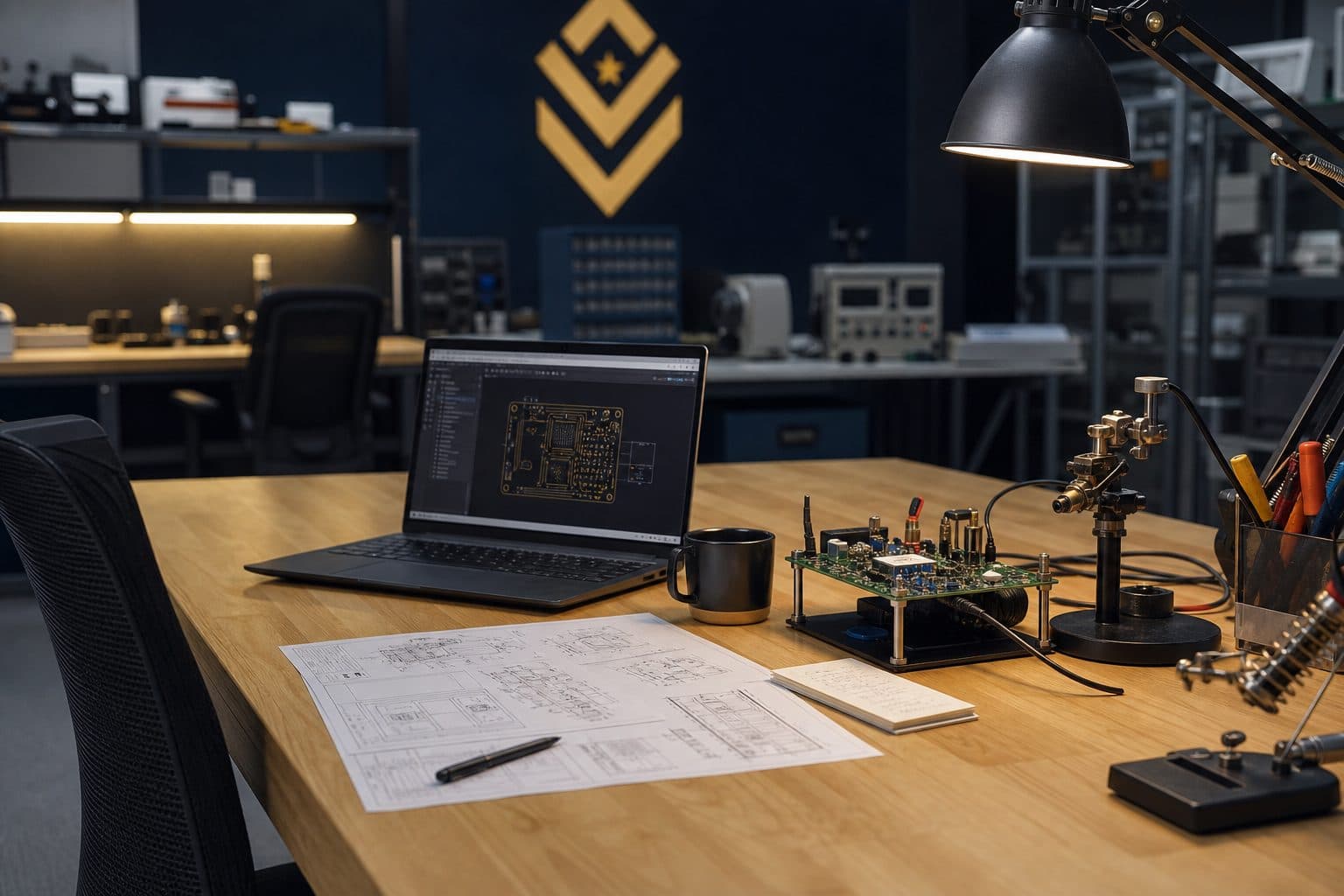R&D workbench with technical drawings and hardware
