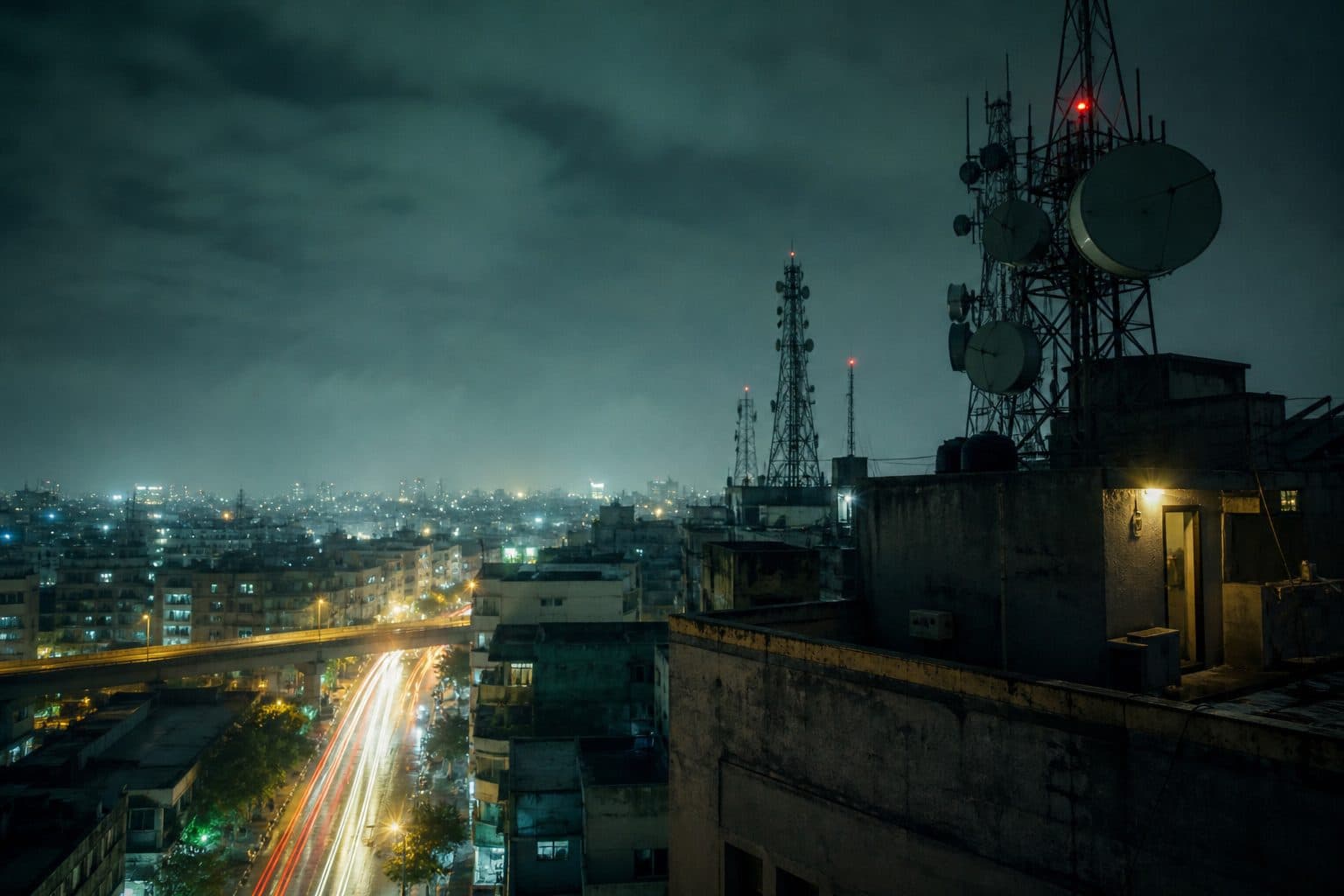 Night cityscape with distant communications masts